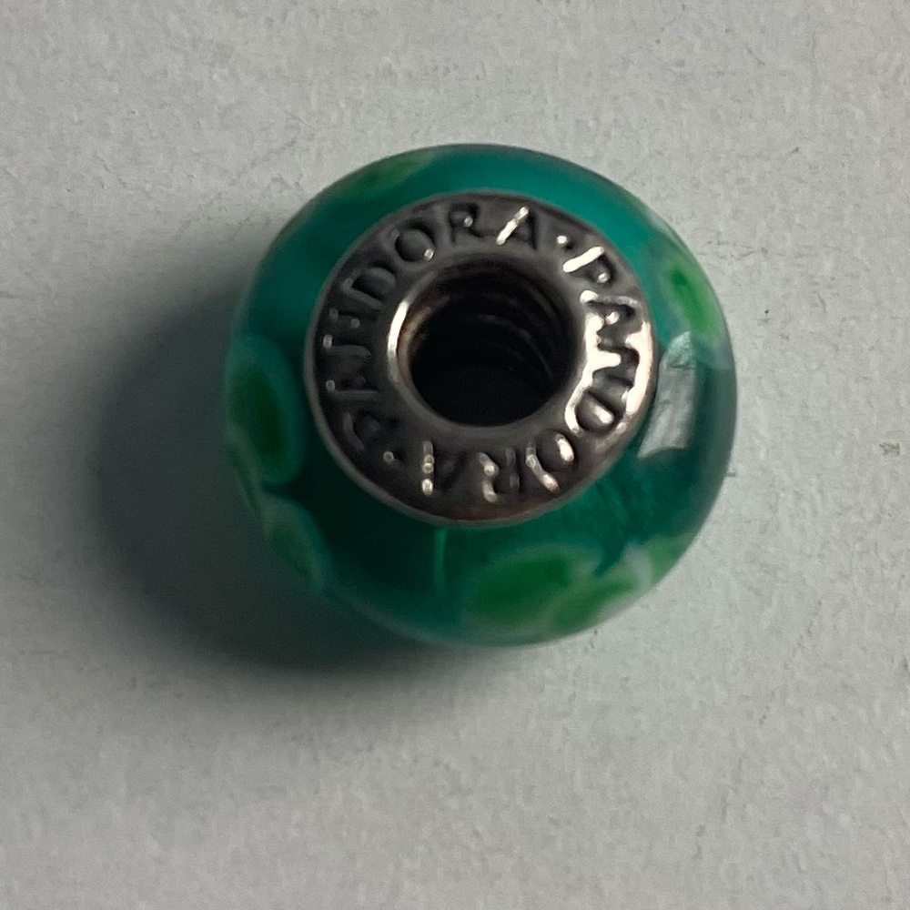 Pandora Teal Green Flower Floral Murano Glass Bead Charm